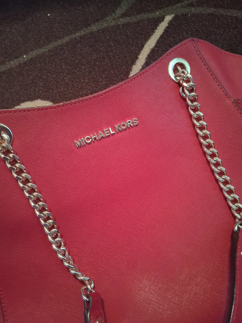Michael Kors Red Saffiano Tote with Gold Chain Straps - Picture 2 of 3